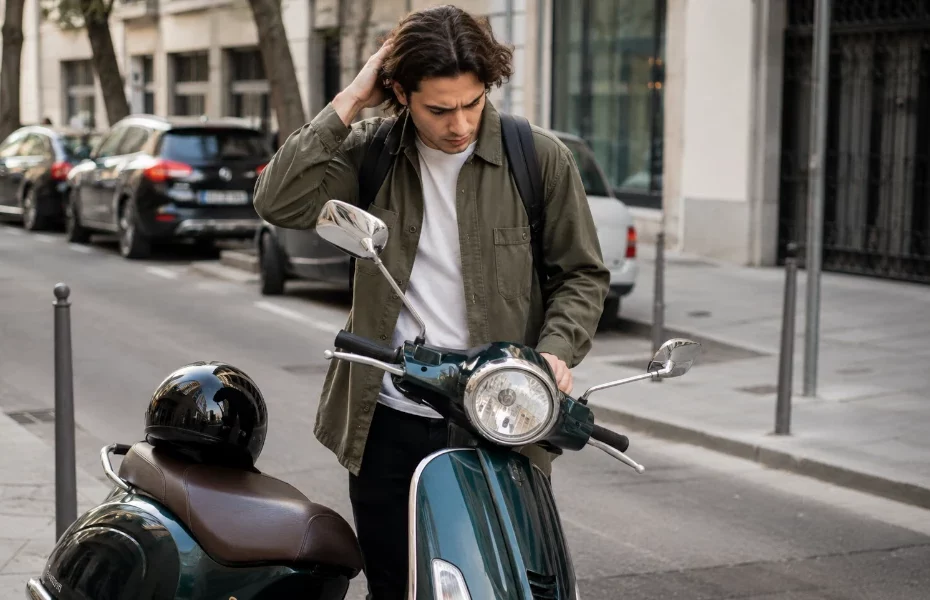 homme avec son scooter Neco en panne sur la route
