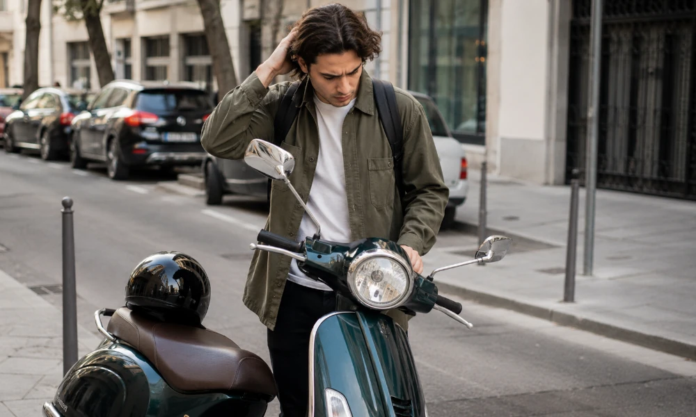 homme avec son scooter Neco en panne sur la route
