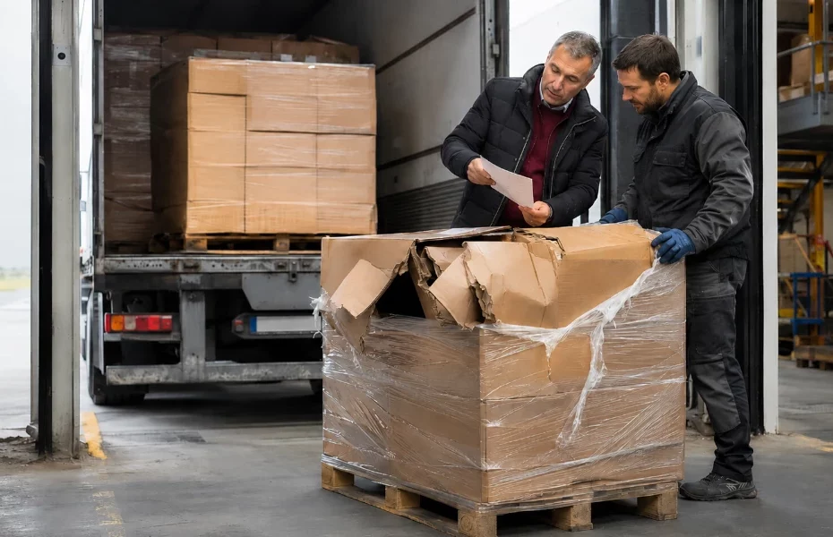 un responsable et un chauffeur de Quicargo examinent des cartons abimés devant un camion