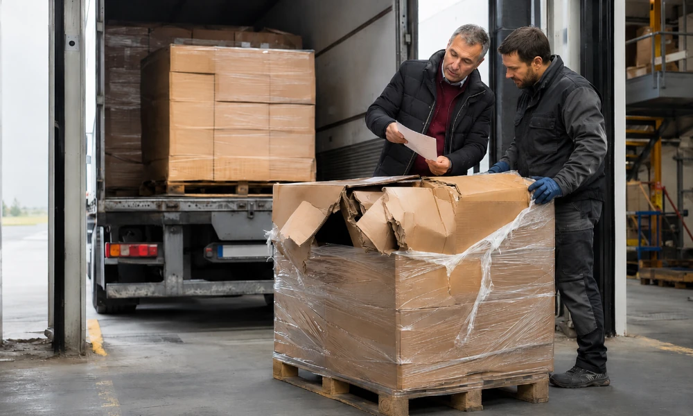 un responsable et un chauffeur de Quicargo examinent des cartons abimés devant un camion