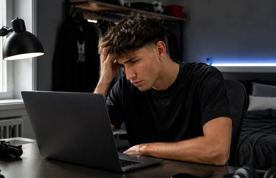 jeune homme dans sa chambre rencontrant un souci sur le site Rabona, depuis son ordinateur portable