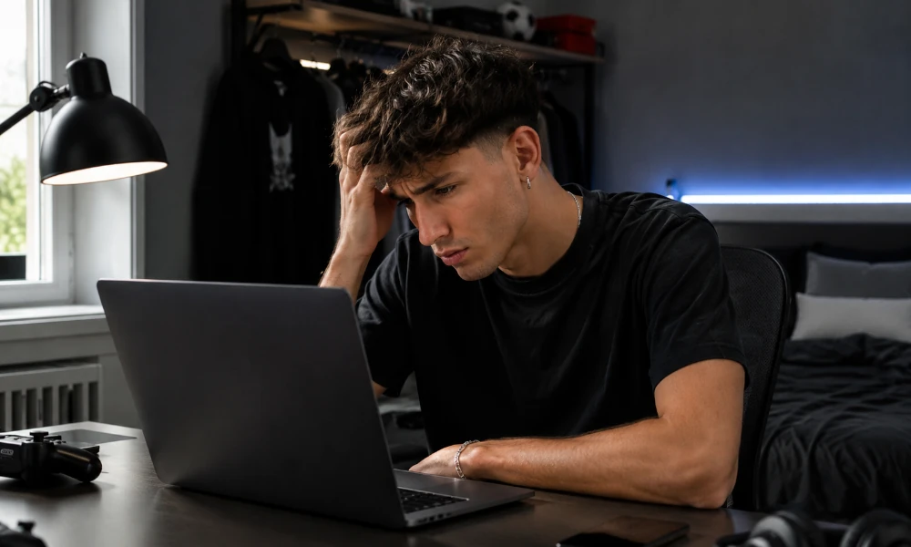 jeune homme dans sa chambre rencontrant un souci sur le site Rabona, depuis son ordinateur portable