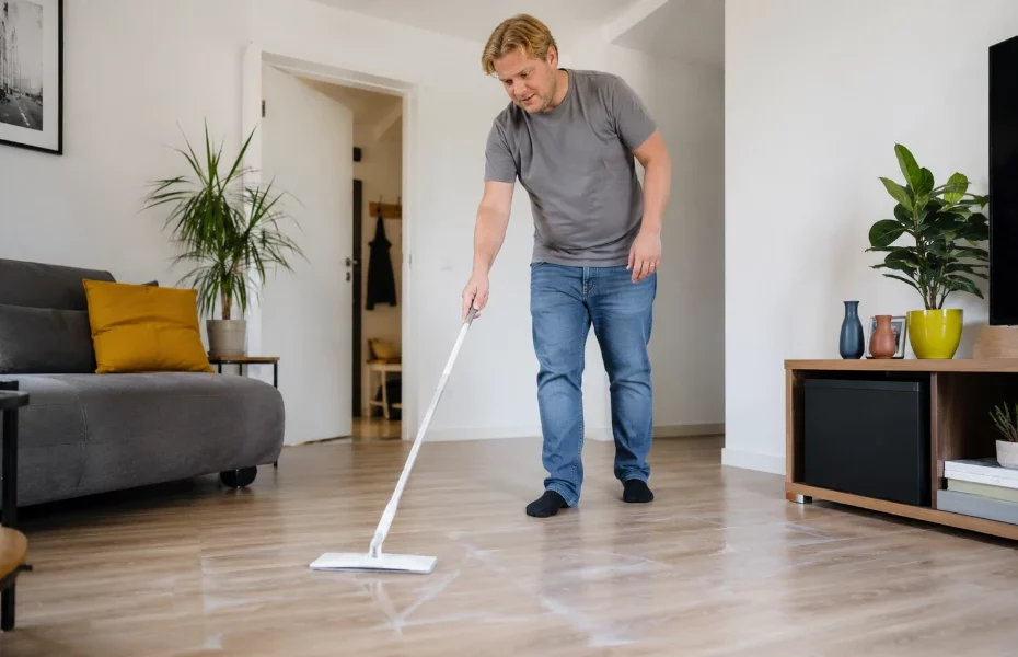 homme utilisant un balai Swiffer laissant des traces sur le sol