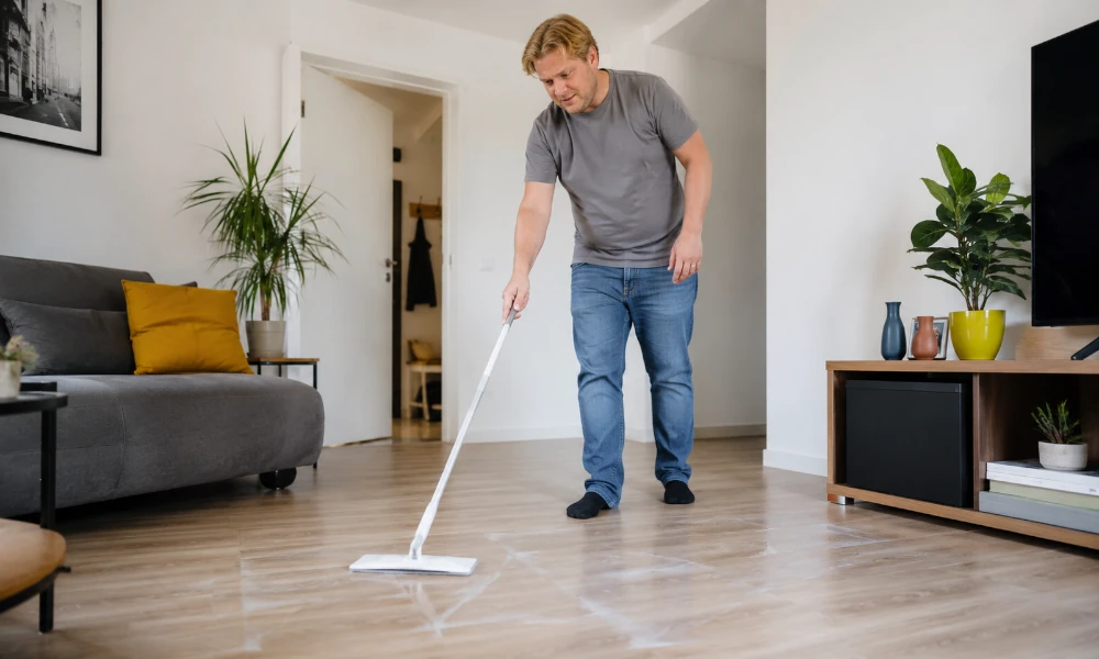 homme utilisant un balai Swiffer laissant des traces sur le sol