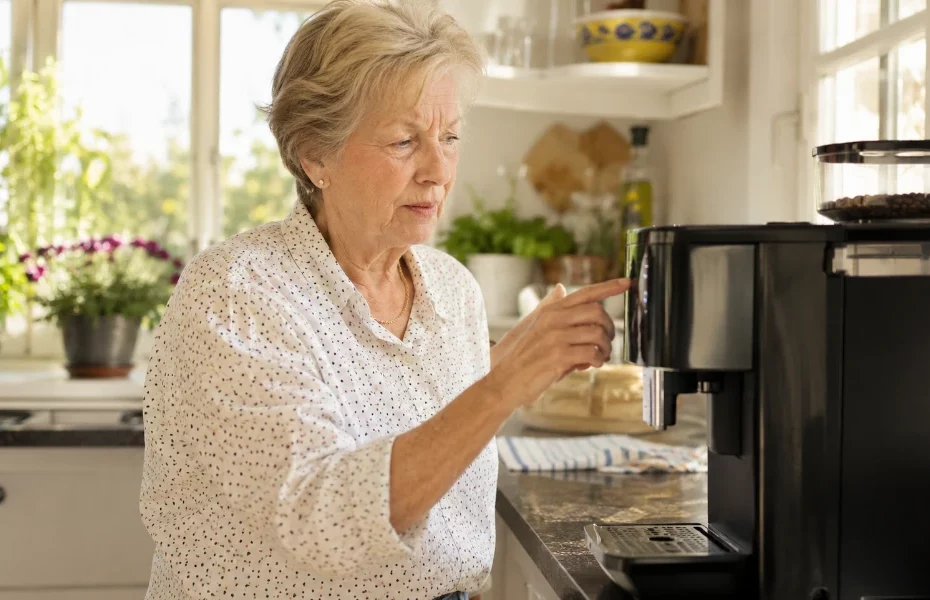 femme essayant d'utiliser une machine à café WMF mais celle-ci ne fonctionne pas