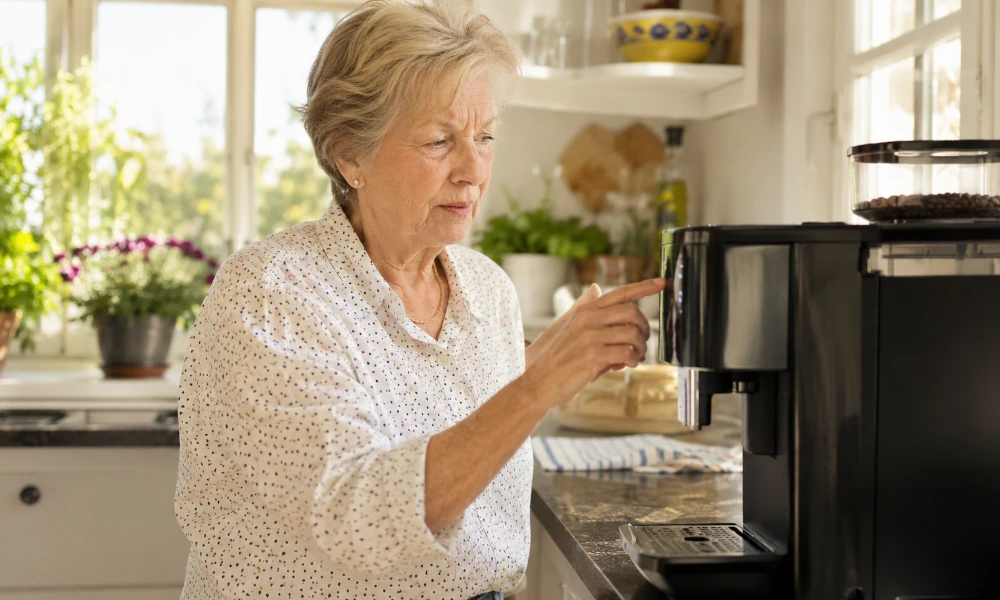 femme essayant d'utiliser une machine à café WMF mais celle-ci ne fonctionne pas