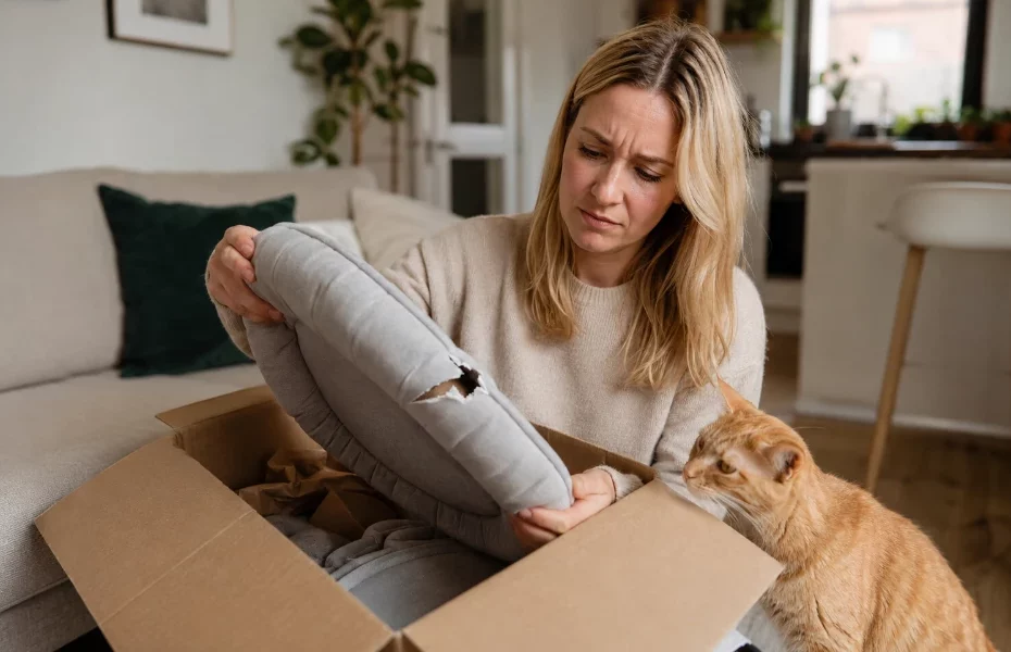 femme ayant reçu un coussin Zoomalia défectueux pour son chat roux, assis à côté d'elle