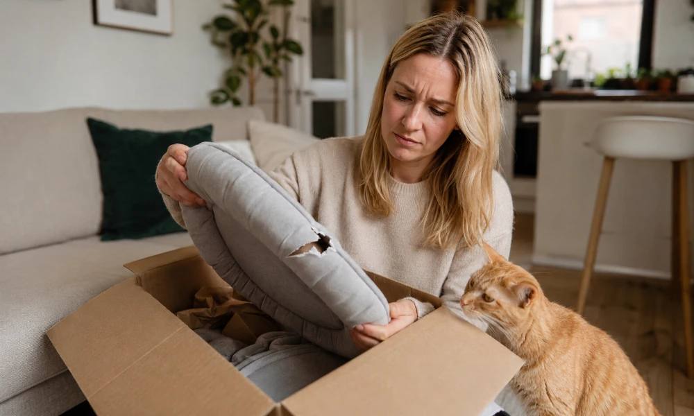 femme ayant reçu un coussin Zoomalia défectueux pour son chat roux, assis à côté d'elle