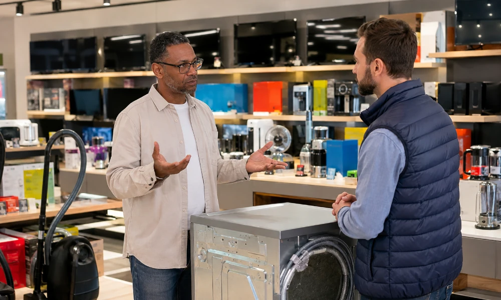 homme signalant un problème sur une machine à laver dans un magasin Eldi