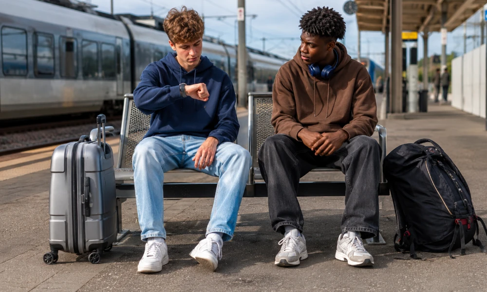 deux adolescents assis sur le quai attendent le train Eurostar en retard